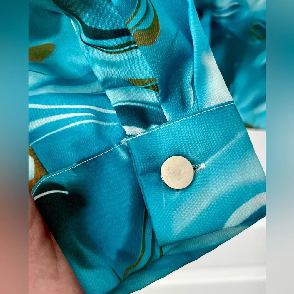 SHEIN Blue Marble Print Satin Button Up Blouse - Size Small - Picture 8 of 10